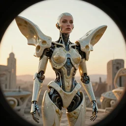 a cybernetic symbiosis, cybernetic mech cyberpunk woman, organic ceramic fractal forms, golden hour lighting, film still from the movie directed by denis villeneuve with art direction by wayne barlowe and salvador dali, wide lens