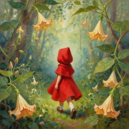 oil painting of little red riding hood walking through a fantasy landscape filled with brugmansia suaveolens