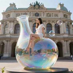 a beautiful girl sitting on an unfinished klein bottle sculptural, chroma iridescence, colors, glassy, reflective and refractive, soap bubbles floating, situated on baroque theatre architecture background, morning light, live bits of data flying streaming