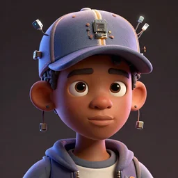 caricature style - portrait - art of an african boy wearing a baseball cap with wires and computer chips dangling from inside, character concept art, art style by james jean & jack davis, vfx, volumetric light, dramatic lighting, ray tracing, digital illustration, claymation style, colourful, unreal engine render, sharp, intricate detail, behance, artstation, pinterest,