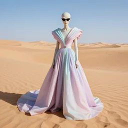 alien humanoid in givenchy prada dresses and sunglasses, haute couture, editorial photoshoot, pastel colors, high contrast, vivid, fashion photography, cinematic lightning, sand dunes, desert, wide shot, 1 0 5 mm, zdzisław beksinski, h. r. giger.