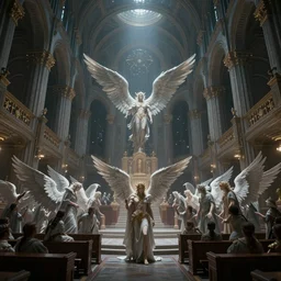 concept art of angel lucifer gathering an army of angels for a rebelion in a celestial courtroom, dark fantasy, sistine chapel vault style, artstation trending, octane render, realistic, dark ambient light