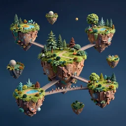 vivid, robust by skottie young, by elena paraskeva. a kinetic sculpture of a group of flying islands, each with its own unique landscape, floating in the night sky. the islands are connected by a network of bridges. a small group of people can be seen walking along one of the bridges.