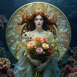 portrait of a beautiful mysterious woman holding a bouquet of flowing flowers, hands hidden under the bouquet, underwater filled with coral reef, fantasy, regal, intricate, by stanley artgerm lau, greg rutkowski, thomas kindkade, alphonse mucha, loish, norman rockwell