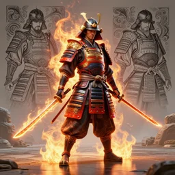 cinematic shots of full body fire samurai with intricate armor, katanas made of fire, intricate illustrations by artgerm, greg rutkowski, eng killian and, digital illustration, over - detailed, clear, crisp, smooth, bright colors, stone, dnr, unreal engine, about reflection, rtx reflection, artstation