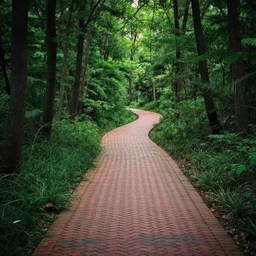 a forest made of gradient layers, art deco, brick pathway meanders