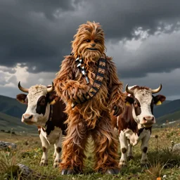 Chewbacca chewing a cow
