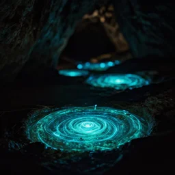 a dark cave with glowing bio - luminescent pools, extreme focus, bokeh effect, professional, cinematic