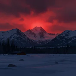 illustration of an alaskan wildness just before darkness, strange red glow in the sky, greg rutkowski