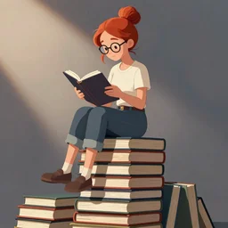 a young woman with red hair in a bun and glasses sits on top of a tall pile of books. she is reading. clean pretty cartoon painting, cel shaded, minimal outlines, beautiful detailed face.