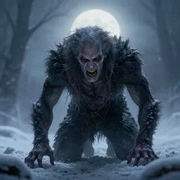 hungry wendigo leering through the snow, cinematic, backlit by moonlight, fog, trending on artstation, octane, dungeons and dragons, fantasy art