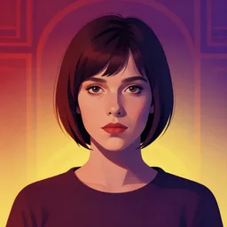 sherilyn fenn 2 6 years old as android, bob haircut, portrait by stanley artgerm, dramatic lighting, ilya kuvshinov, trending on artstation, flat colour, geometric curves, gradient filter, red and purple and yellow back light, art deco pattern