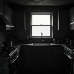 underexposed photography, dark underground kitchen, windowless