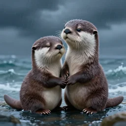 my little everything, happy brave magical cuteness, fantasy otter love, otters holding hands in the stormy sea, he holds her while she sleeps, hyper - realism