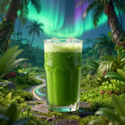 green juice in a luscious tropical grove with neon auroras, path traced, environment, highly detailed, concept art, realistic, octane render, unreal engine, up close shot