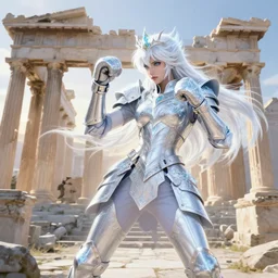 kickboxing, battle stance in ruined agora of athens sunrise, white hair knights of zodiac girl matt white ice color armor, ssci - fi and fantasy, intricate and elegant, highly detailed, digital painting, artstation, concept art, illustration, art by tian zi and wlop and alphonse mucha