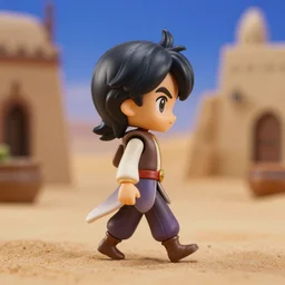 side view of young aladdin as nendoroid walking in a desert village, 8 k, hd, dof, kodak film,