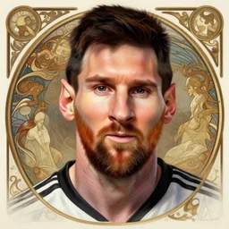 Messi with a majestic beard, closeup, D&D, fantasy, intricate, elegant, highly detailed, digital painting, artstation, concept art, matte, sharp focus, illustration, art by Artgerm and Greg Rutkowski and Alphonse Mucha