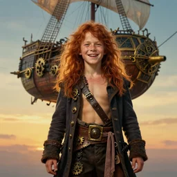 realist portrait painting of a 3 0 years old rugged joyful long long hair soft hair crimson hair male pirate minimalist long coat upper body elegant muscular rugged handsome steampunk wood brass gears ornate mechanical zeppelin airship in upper background sky sunset golden hour fantasy rugged character art cinematic lighting art by mucha rutkowski artgerm