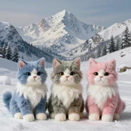 3 d precious moments plush cat with realistic fur, snowy mountain landscape, master painter and art style of john william waterhouse and caspar david friedrich and philipp otto runge, blue / white / gray / green / pink / tan / mid pink / blue gray color palette