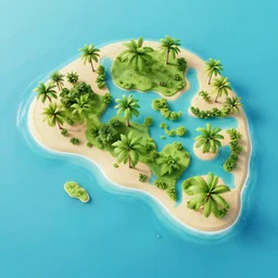 flat lay, knolling of the parts of an island. water, sand, palm trees, etc.