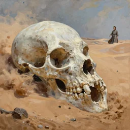 the sands of time, a highly detailed cinematic oil painting by roger dean and alena aenami, bones of a colossal creature submerged in sands, dynamic lighting