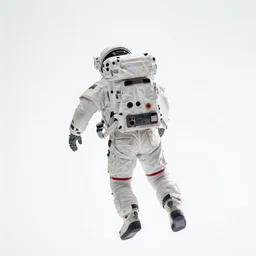 a professional photo of an astronaut floating, shot from the back, over a white background, backlighted