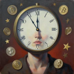 blinded by greed!!! postmodernist painting, representation and personification of material greed, deadline the clock is ticking, digital world meets pure greed, sociopathic token power, generational human, avarice, entity, trending, amazing masterpiece