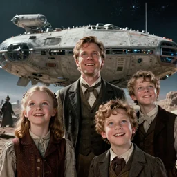 extremely sharply detailed, from blockbuster sci fi 8 k color movie freeze frame, set in 1 8 6 0, family standing in front of a crashed spaceship, on alien planet, looking happy, wearing 1 8 5 0 s era clothes, atmospheric lighting, in focus, reflective eyes, 3 5 mm macro lens, live action, nice composition, good photography, extreme face details
