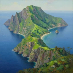 stunning landscape of remote island, steep cliffs, verdant hills, azure bay, intricate details, digital art by rob gonsalves, oil on canvas by ivan shishkin