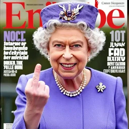 the queen of england grinning rudely and pointing her middle finger, in a magazine cover photo. highly detailed hands