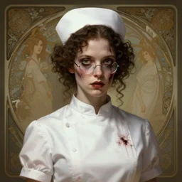 epic portrait a zombie in a white nurse uniform, dirty, bloody, curly hair, broken glasses digital painting, artstation, concept art, soft light, hdri, smooth, sharp focus, illustration, fantasy, intricate, elegant, highly detailed, D&D, matte painting, in the style of Greg Rutkowski and Alphonse Mucha and artemisia, 8k, highly detailed, jurgens, rutkowski, bouguereau, pastoral, rustic, georgic