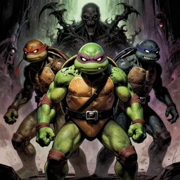 in the style of steve niles rafael albuquerque comic cover art, teenage mutant ninja turtles as lovecraftian creatures, sharp teeth, dark scary spooky, violent