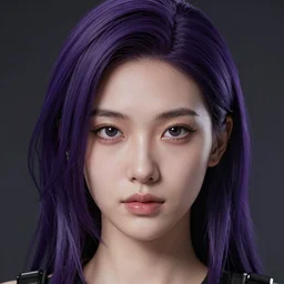 Close up portrait of a young Asian Cyberpunk woman with dark purple hair, highly detailed, high quality, HD, 4K, 8K, Canon 300mm, professional photographer, 40mp, lifelike, top-rated, award winning, realistic, sharp, no blur, edited, corrected, trending