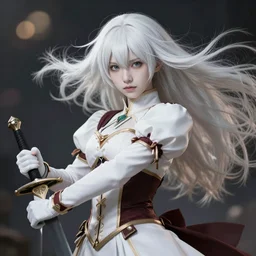 renaissance art elf girl with white skin, sword in hand, hair blowing the wind, trending artistic art, anime, dynamics, fate zero, realistic face, extremely high detailed, bokeh background, studio ghibly makoto shinkai yuji yamaguchi, wlop, genshin