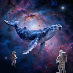 a beautiful humpback whale made of stardust swimming through a colorful nebula in space while an astronaut watches from afar