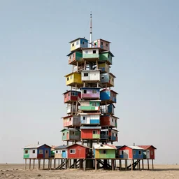 a tower made up of colourful makeshift squatter shacks, suspended structures on the ground, mamiya, 8 5 mm, f 1. 7, uniform plain sky, photographed by julie blackmon and tim walker