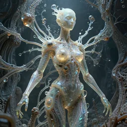symbiogenesis, hybrid humanoid androgyne, biomorphic, geomythological, recursive features, concept art, sculpted iridescent glass, archaea, translucidluminescence, intricate, kim jung gi, james jean, shaun tan, meridians, organic detail, cinematic, epic wide shot, ultra detailed, sharp focus, smooth, global illumination, photorealistic,
