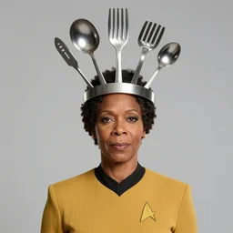 guinan from star trek wearing random kitchen tools on her head on the starship enterprise, whoopi goldberg