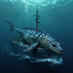sea monster looks like ship, deep dark sea, marine animal
