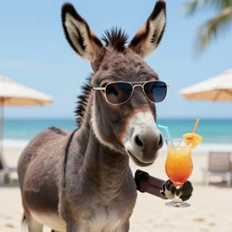 a donkey holding a coctail and wearing cool sunglasses at the beach, 8k, hyper-detailed, photorealistic