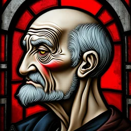 1 0 th century stained glass window, side portrait of a very old man, side - view, wrinkly grey skin, red eye - shadow, yellow eyes, bald and shaven, red bloody background, detailed and masterful