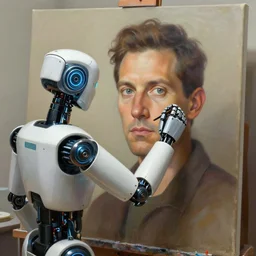 robot artist painting a self - portrait on a canvas. detailed digital matte painting in the style of gil elvgren and in the style of wayne barlowe. irony, recursion, inspiration.