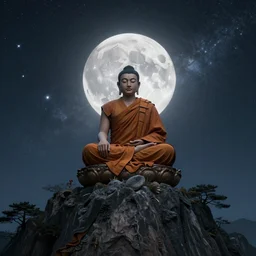 high definition render of a monk on top of a mountain, full moon, milky way, galaxy, buddhism, 8 k, symbolic, intricate, detailed, raytracing