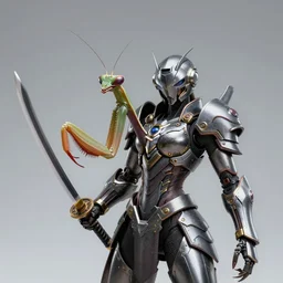 wide shot, photo of a mantis head, a huge humanoid mantis-woman with a katana, in a heavy futuristic armour without a helmet, hyper realistic, hyper detailed, coherent photo, trending on artstation, cyberpunk, Japanese style, volumetric lightning, neon, electric colours, Cinematic, Dramatic, Film Grain, Kodak Portra, Depth of Field, 15 mm octane render, 4k, raytracing, blender