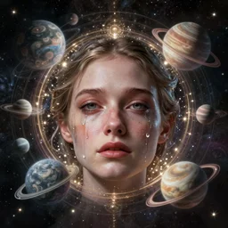 face shot of a woman, tears flowing down, [ planets orbit around her ] cosmic mystical multi - universal multiversal symmetrical interdimensional trending on artstation 3 2 k quality cgsociety contest winner award winning art sharp intricate detailed refined details concept art surrealism cinematic effervescent