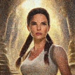 face portrait of concentrated young Sandra Bullock as Lara Croft with pig-tails entering an incredible epic ruin, glorious sun beams, intricate, elegant, highly detailed, digital painting, short focus, illustration, Allan Lee, John Howe