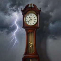 lightning, grandfather clock, stormy skies, airbrush painting