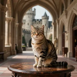 macro shot of a cat sitting on a table in the hall of a great castle