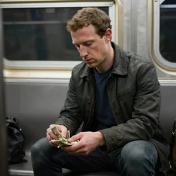 mark zuckerberg beggar in the new york subway asking for money, takes crumpled dollars, gloomy, stylish, dirty color, 4 k, ultra realism, unreal engine